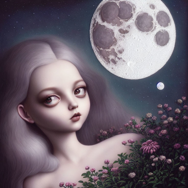 Illustration of pensive girl with pale skin and silver hair in flower field under moon and stars
