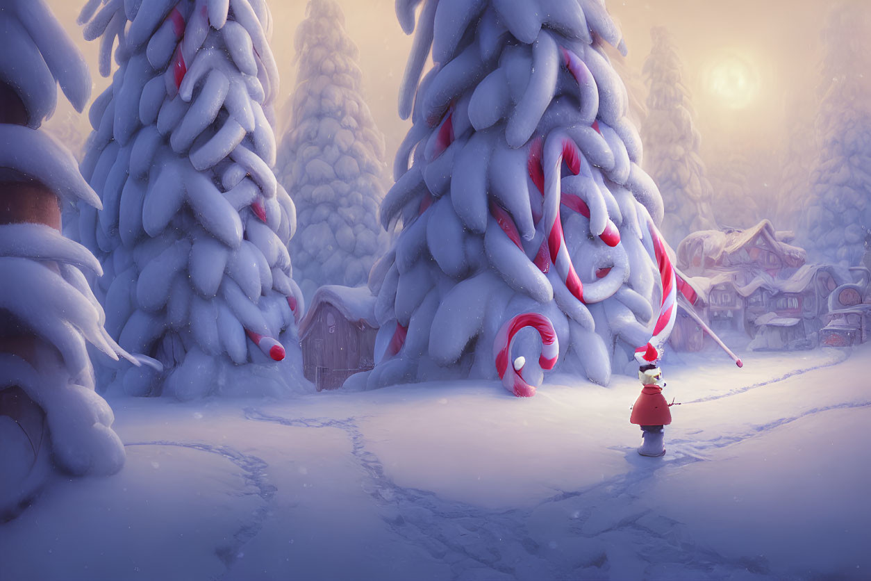 Snowy Village Scene: Person in Red Coat Walking Among Candy Canes