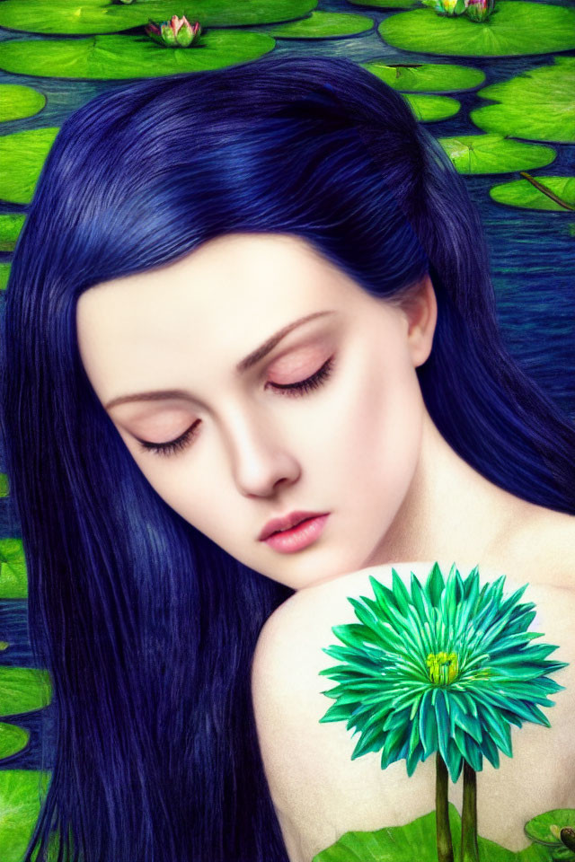 Illustration of woman with long blue hair holding green flower on lily pad backdrop