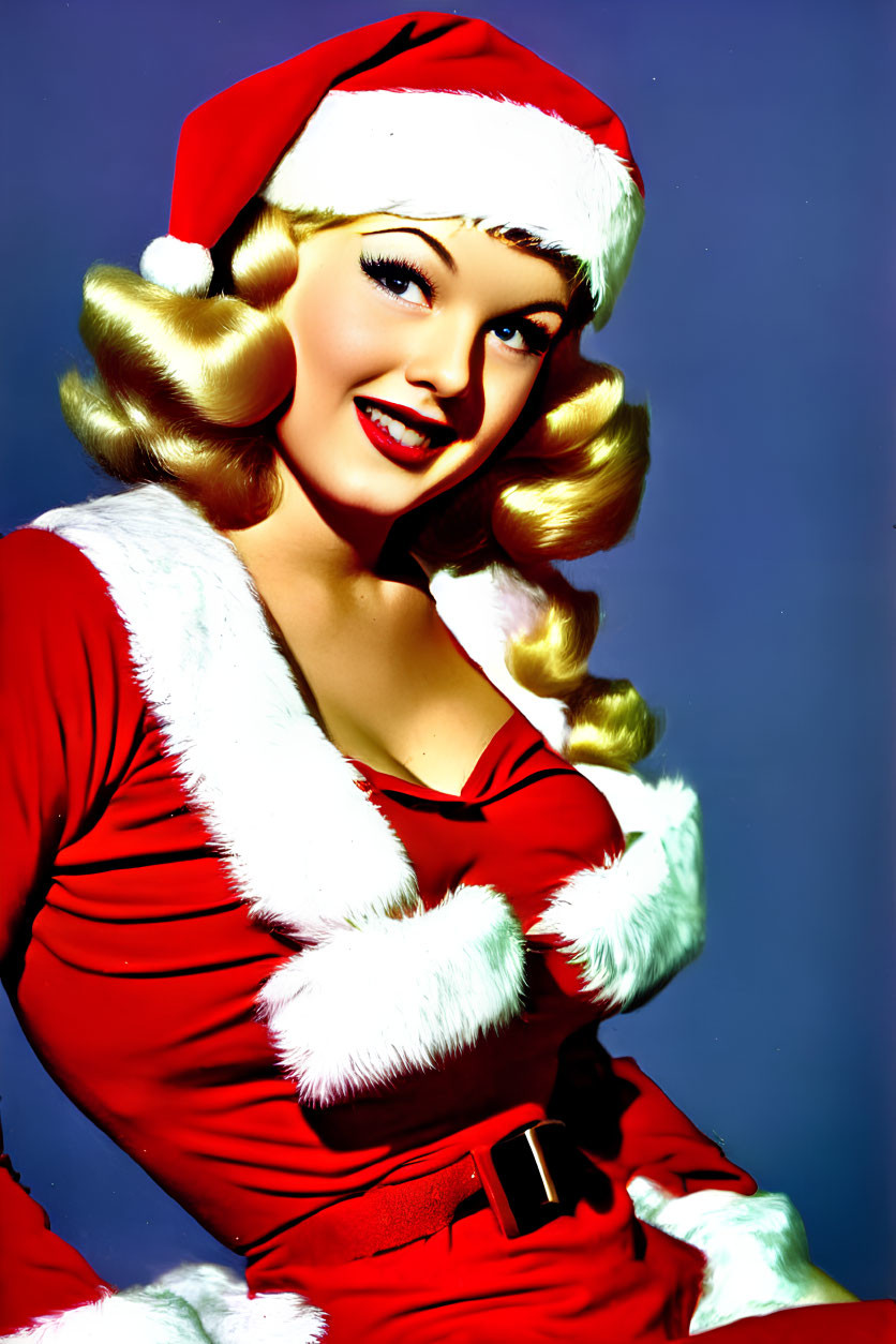 Woman in Santa Outfit Smiling on Blue Background