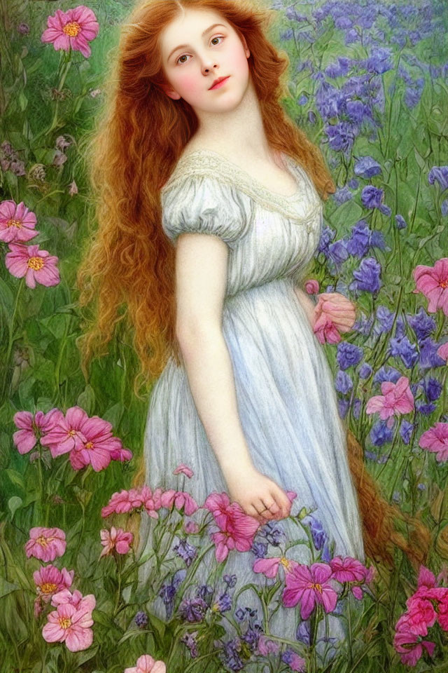 Vibrant painting: young woman with red hair in blue dress among pink and purple wildflowers