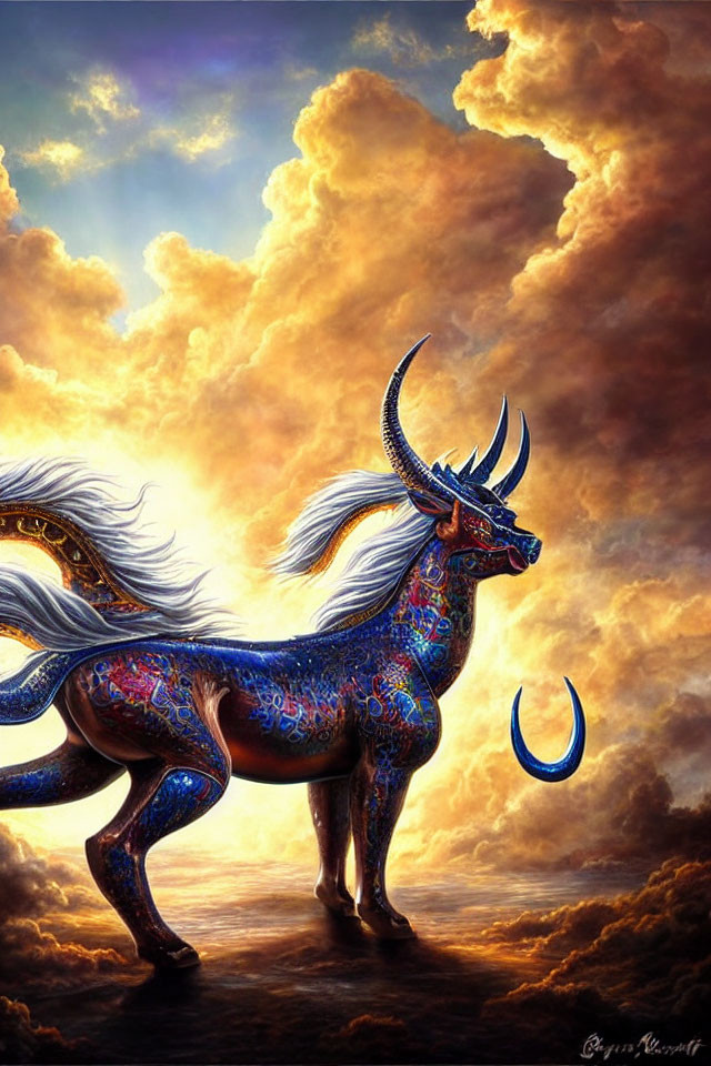 Blue-patterned unicorn with horns and wings in golden sky
