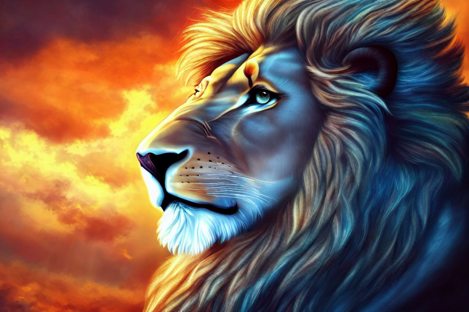 Majestic lion digital art with vibrant mane on fiery sunset background