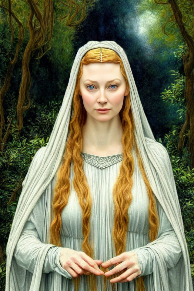 Blonde woman in medieval white gown against forest backdrop