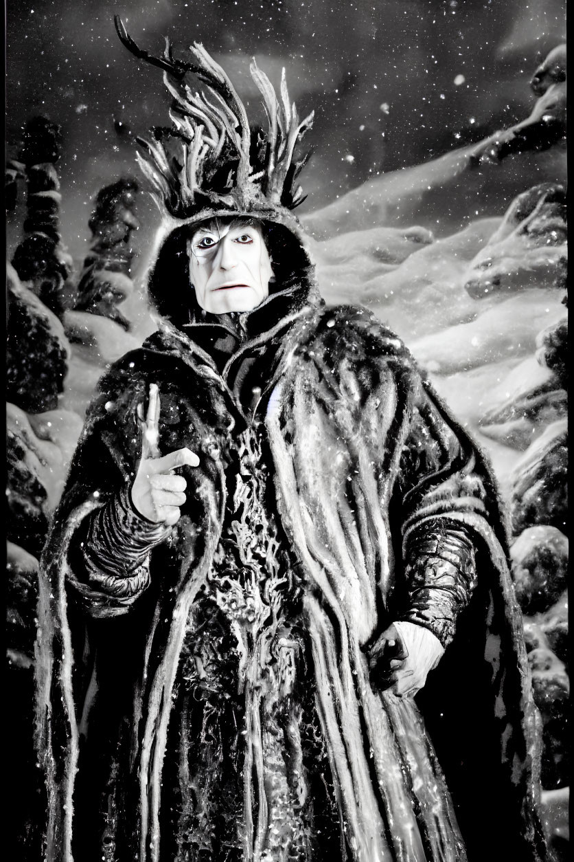 Elaborate Dark Winter Costume with Spiky Headgear in Snowy Landscape