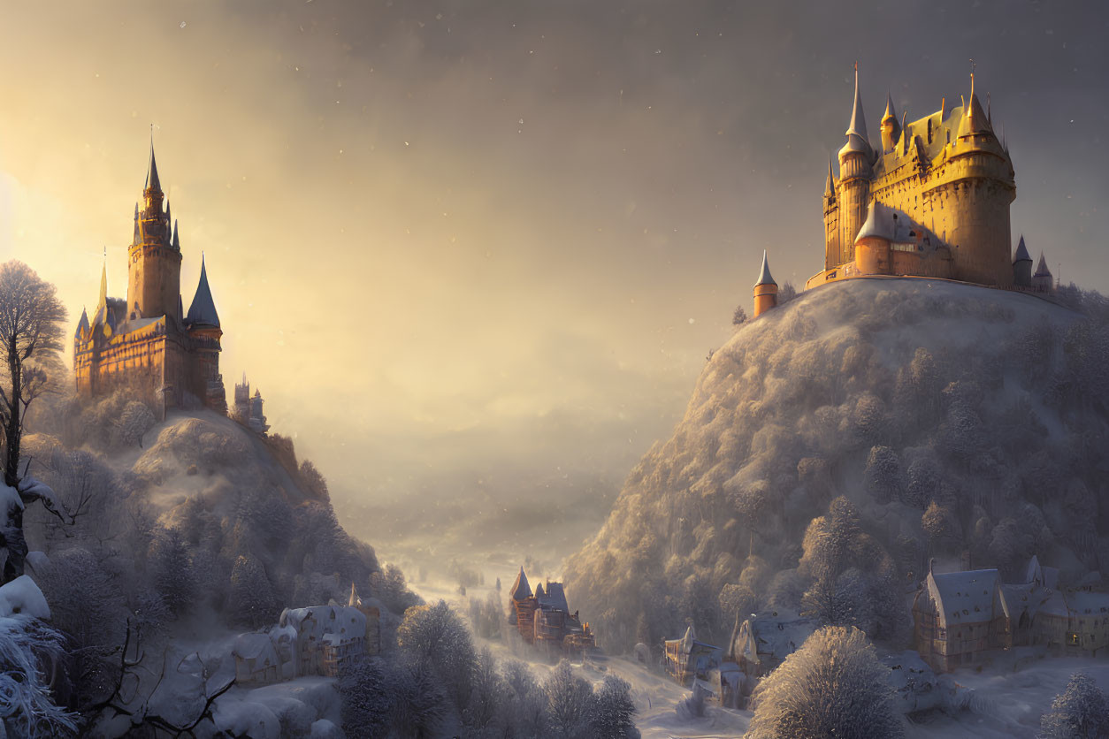Snow-covered hills with castle, village, and warm glow in winter dusk