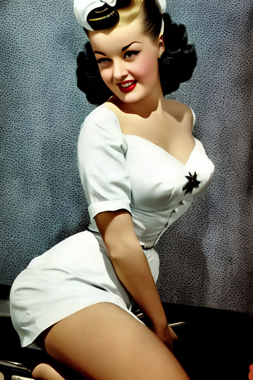 Smiling woman in vintage nurse uniform and cap sitting