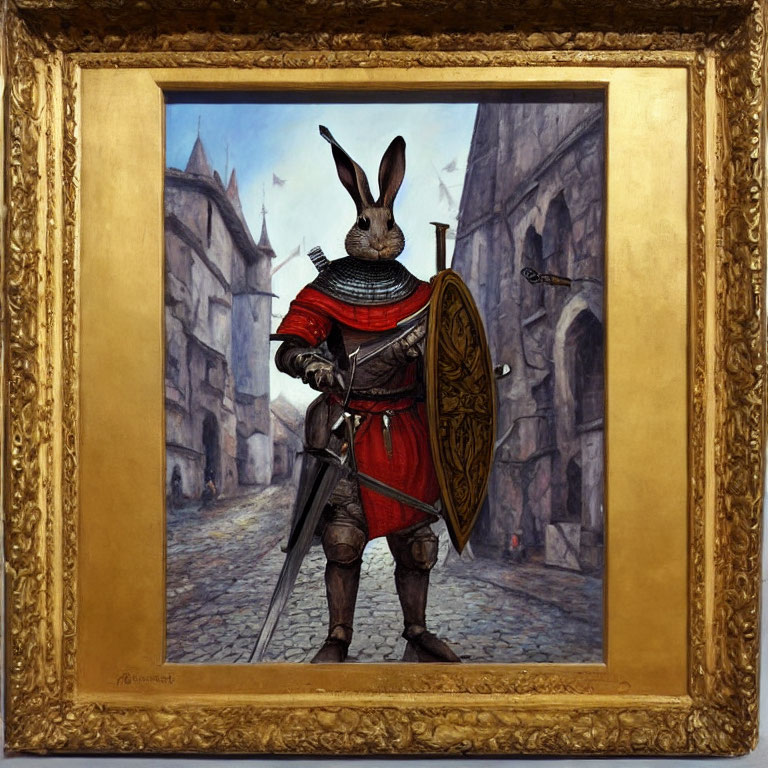 Whimsical painting of medieval knight rabbit on cobblestone street