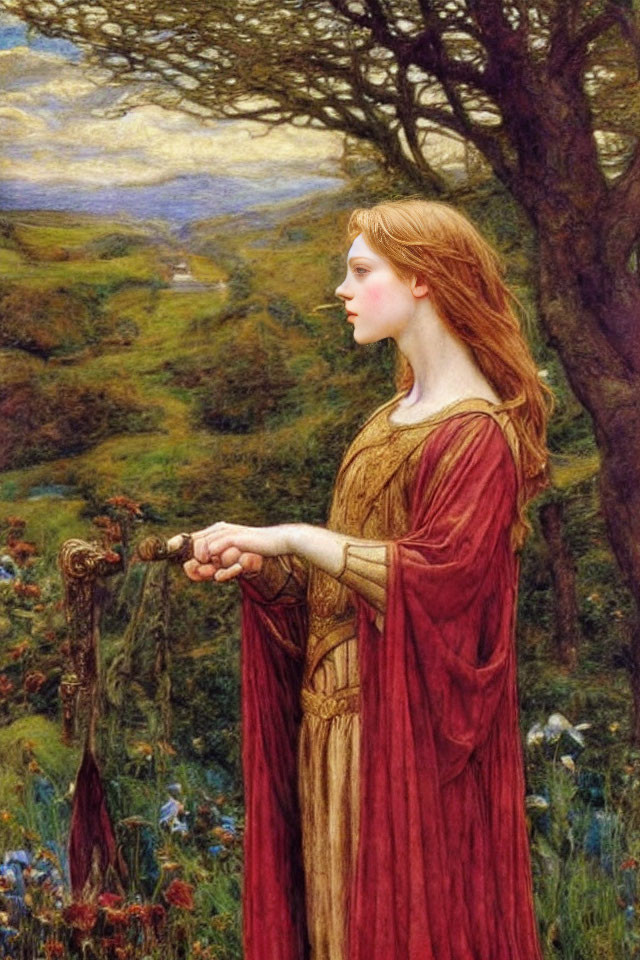 Pre-Raphaelite style painting of woman with sword in red dress in lush landscape