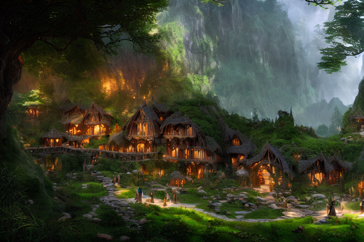 Charming forest village at dusk with thatched cottages, lush greenery, and misty waterfall