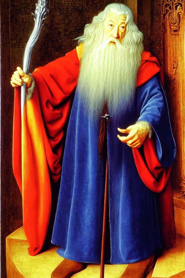 Wizard illustration with long white beard and staff in red and blue robe