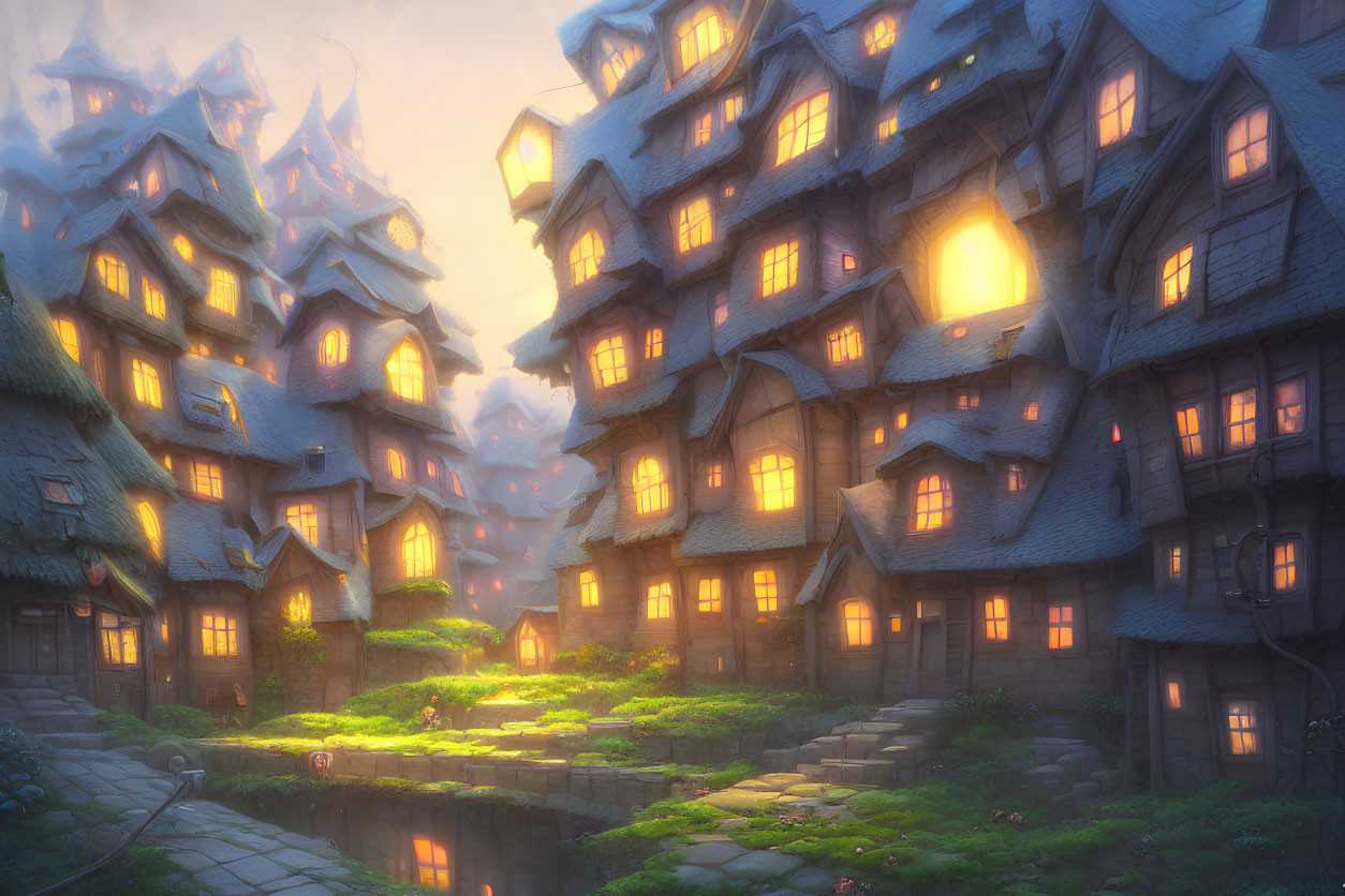 Digital artwork: Fantasy building with glowing windows in misty twilight
