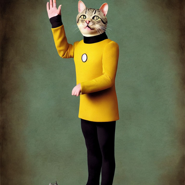 Cat in Star Trek uniform with human body posing playfully