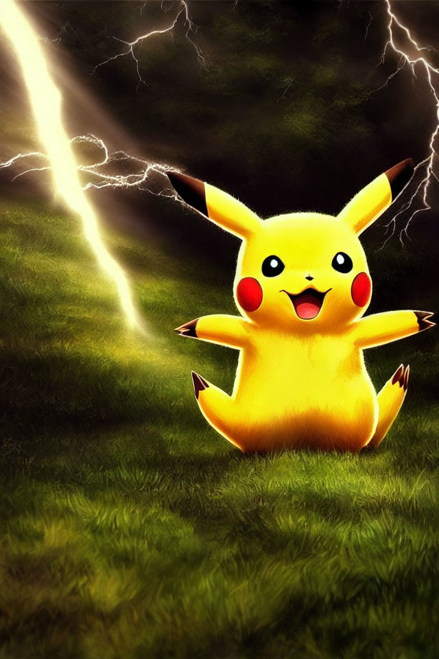 Yellow Pikachu on grassy field with lightning bolt background