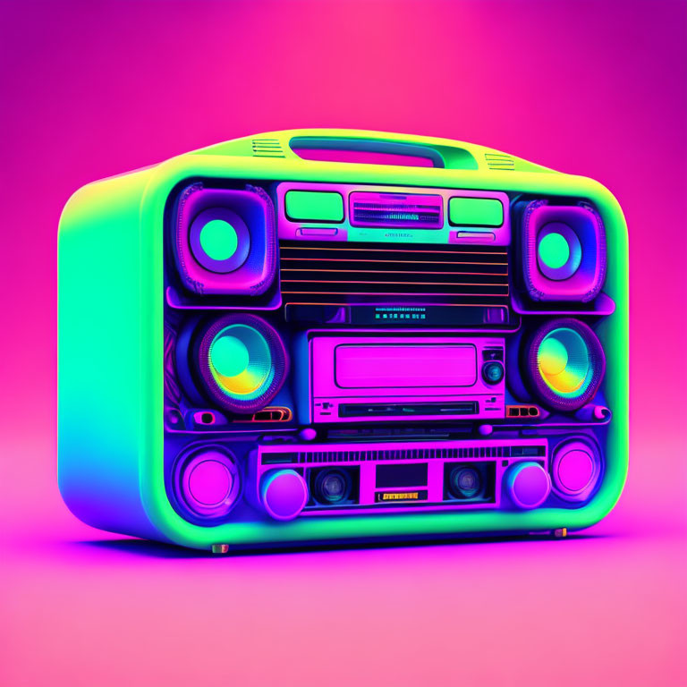 Colorful 3D illustration of retro boombox with neon green, pink, and purple hues,