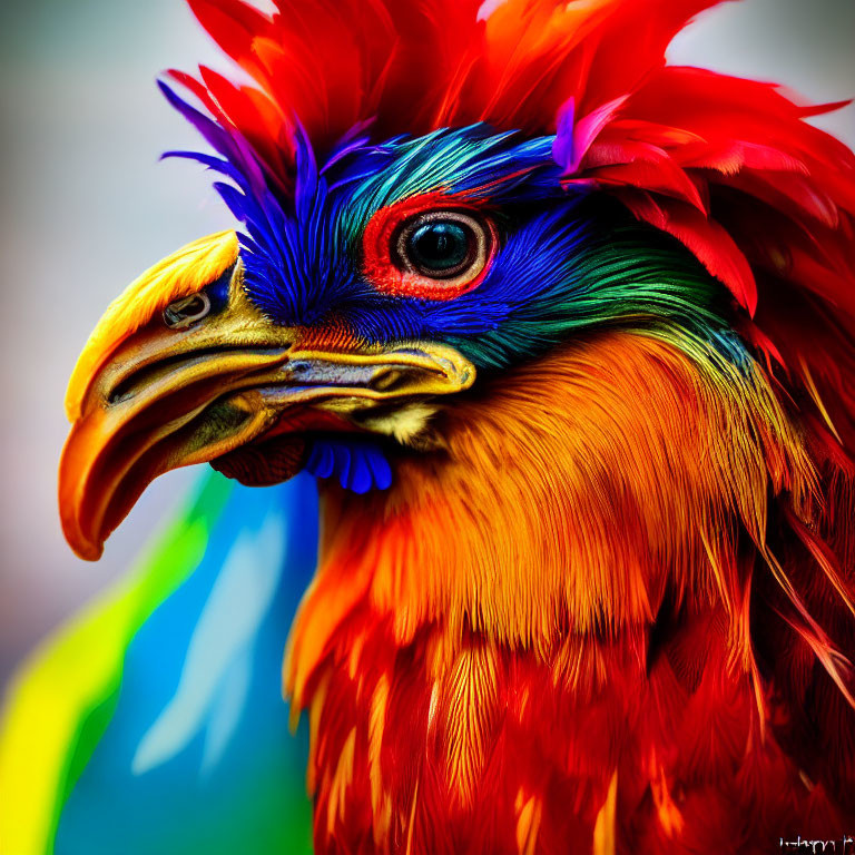 Vibrant multicolored bird with red, blue, and yellow feathers and detailed beak