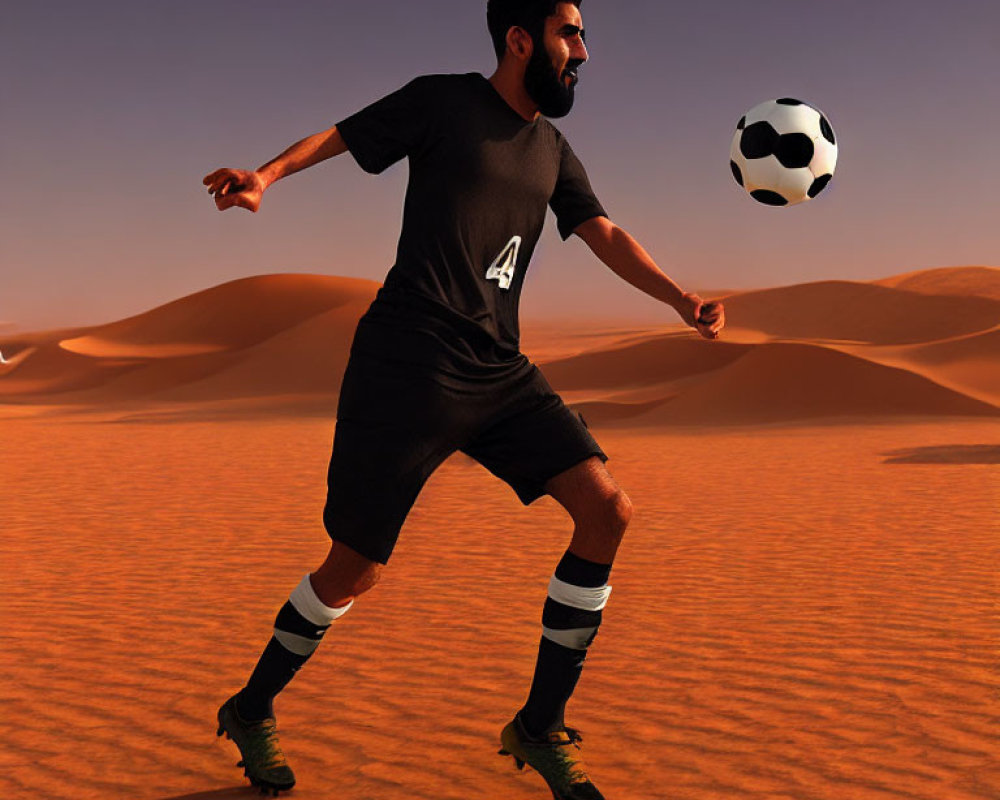 Bearded soccer player in black kit with number 4 in desert setting