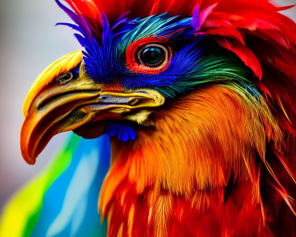 Vibrant multicolored bird with red, blue, and yellow feathers and detailed beak