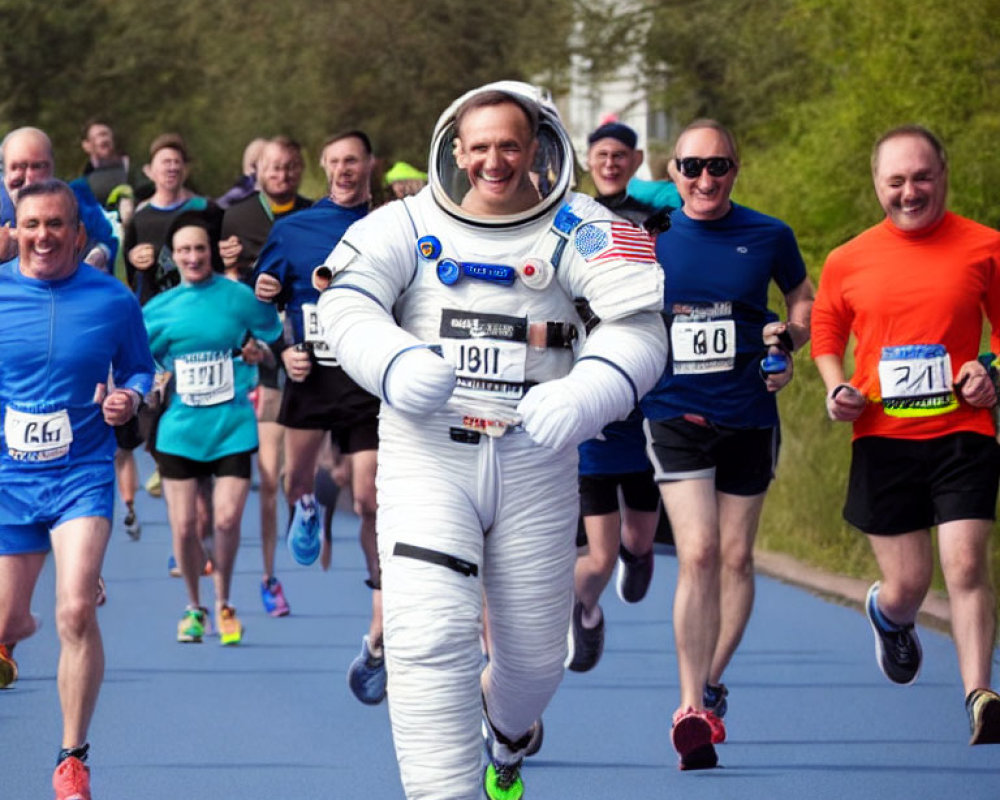 Participants in athletic wear running marathon with person in spacesuit costume