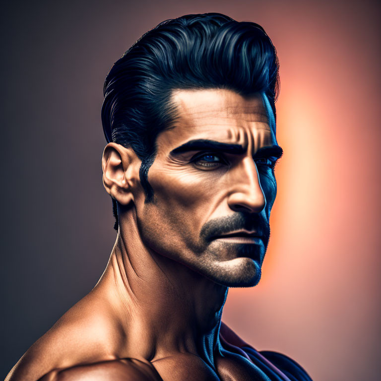Muscular man with slicked-back hair and mustache on muted background