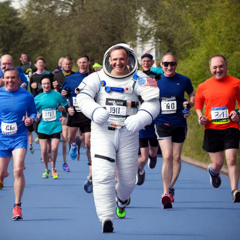 Participants in athletic wear running marathon with person in spacesuit costume