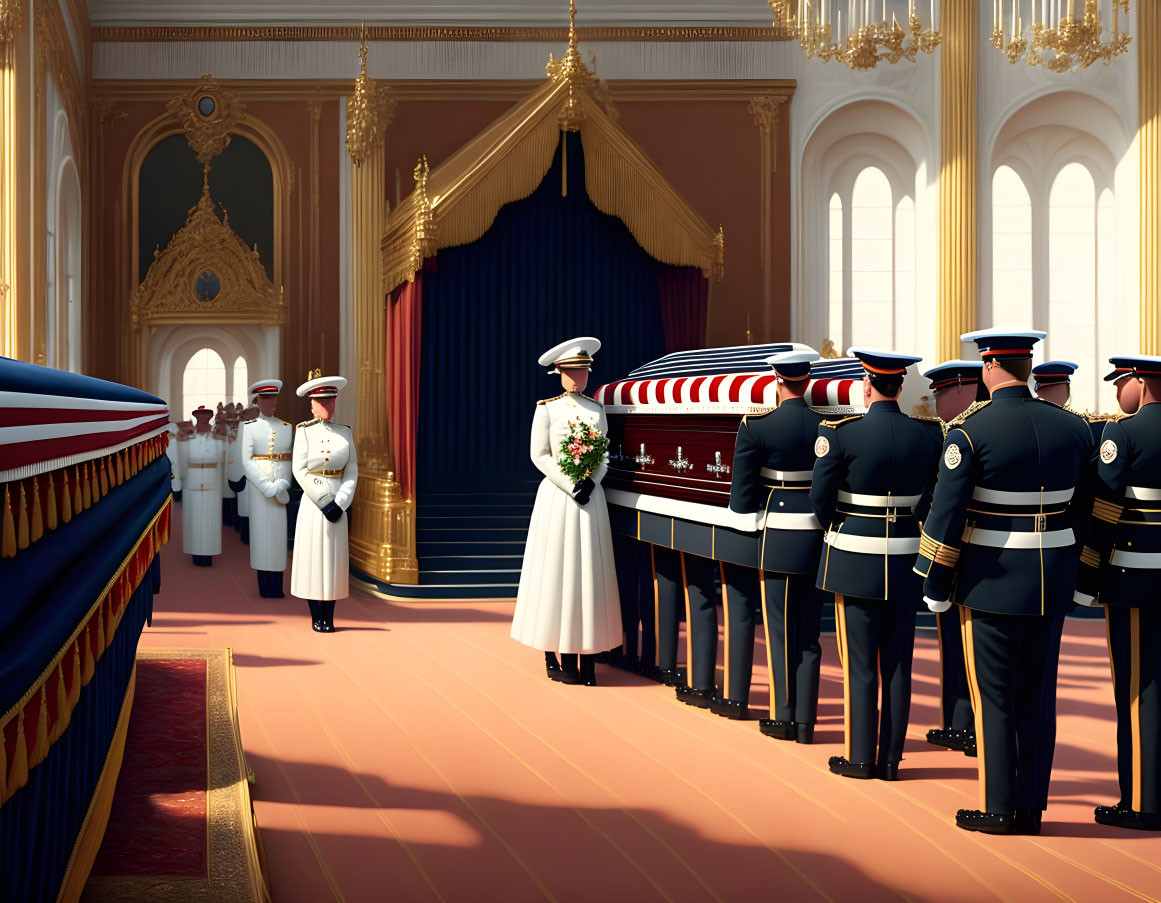Military funeral procession with American flag-draped casket in ornate hall