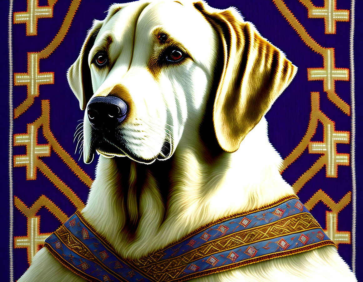 Golden Labrador with Patterned Bandana on Purple & Gold Geometric Background