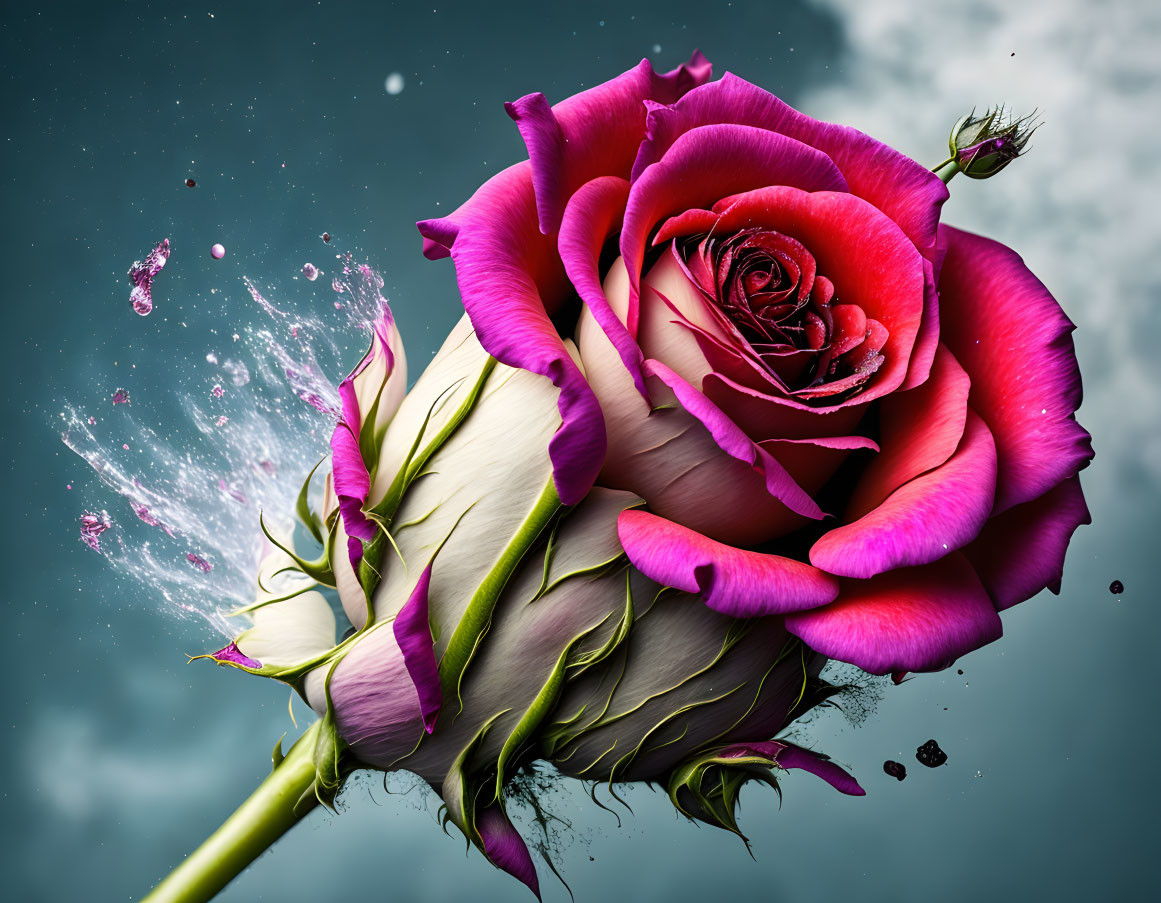 Pink rose with spiral center, green leaves, petals in stormy sky