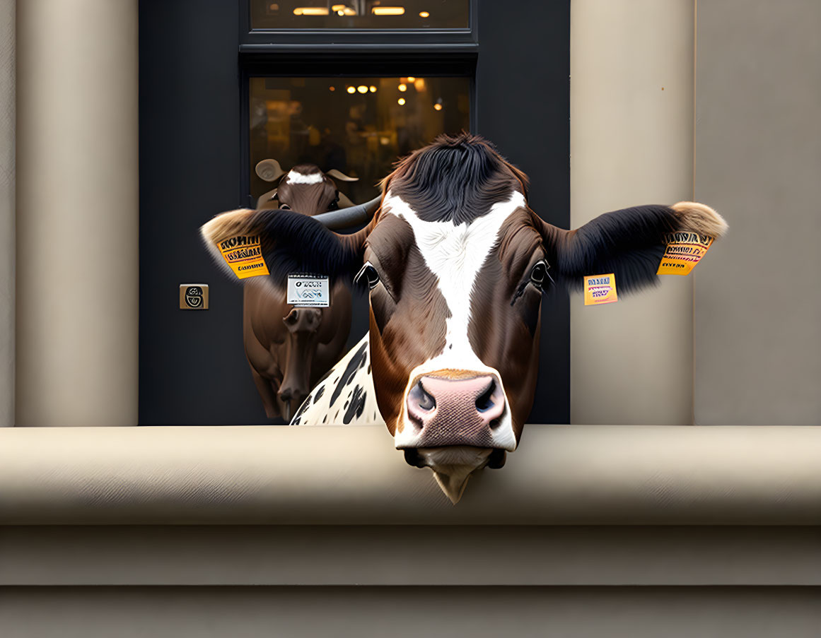 Cow head poking through beige wall with tagged ears near window sign "Horn OK Please