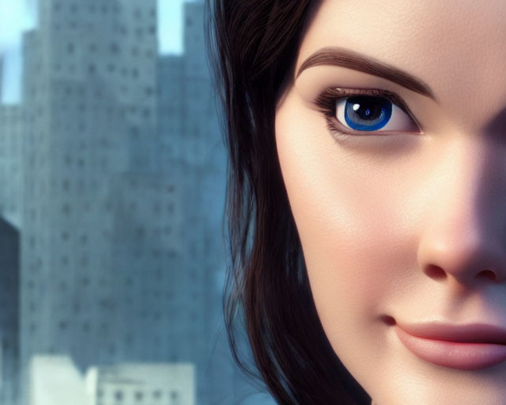 Brown-haired woman in 3D animation smiles with cityscape backdrop