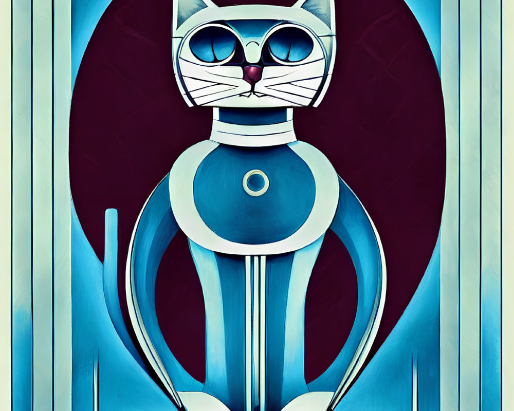 Metallic Blue Cat Sculpture with White Eyes Against Turquoise Panels