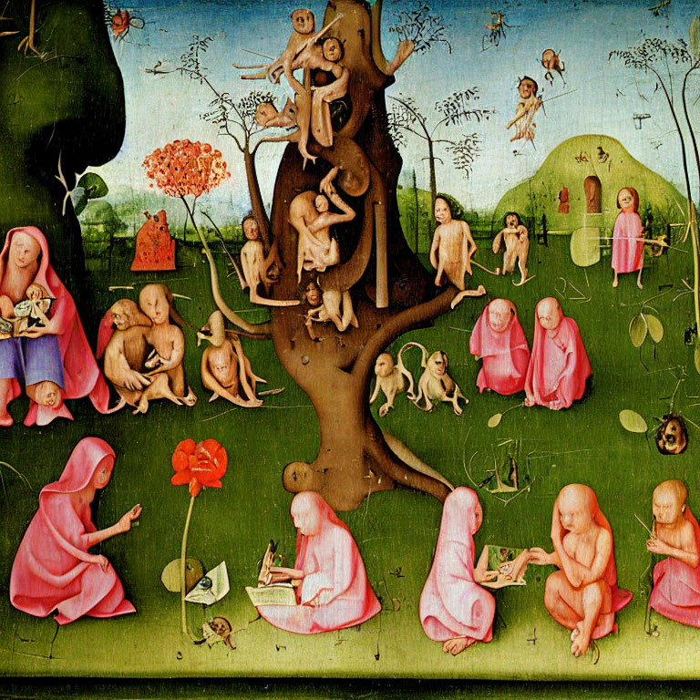 Medieval painting of naked figures around a tree in pink cloaks engaging with books and nature