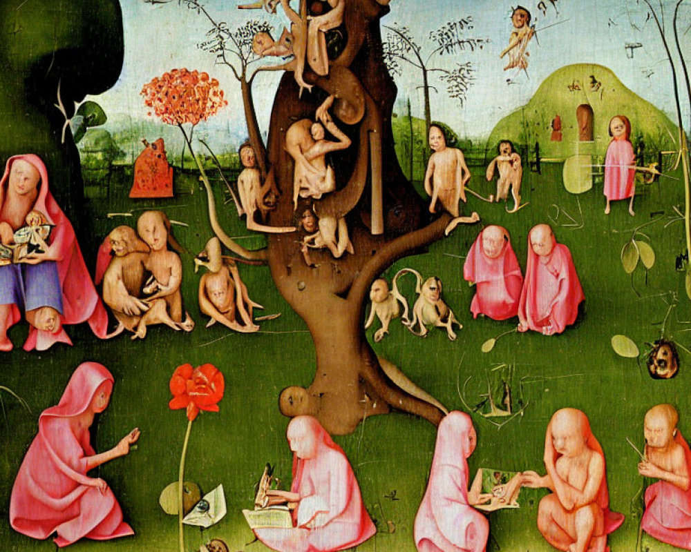 Medieval painting of naked figures around a tree in pink cloaks engaging with books and nature