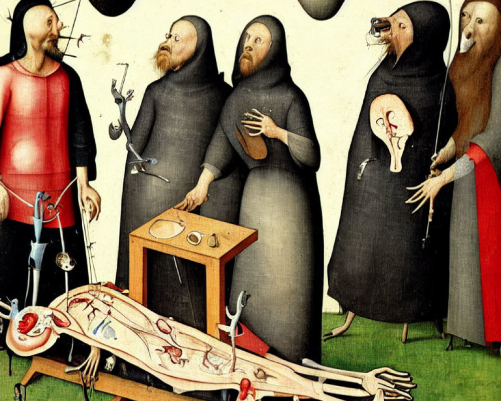 Medieval painting of robed figures dissecting a body