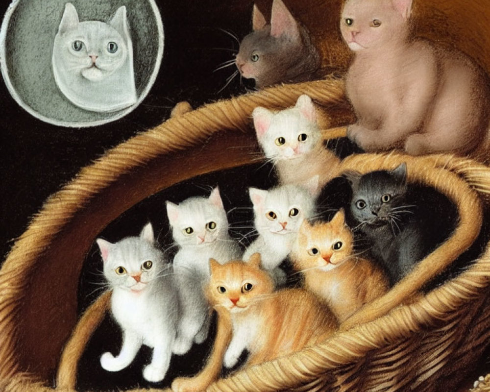 Seven adorable kittens in a basket with proud cat in background