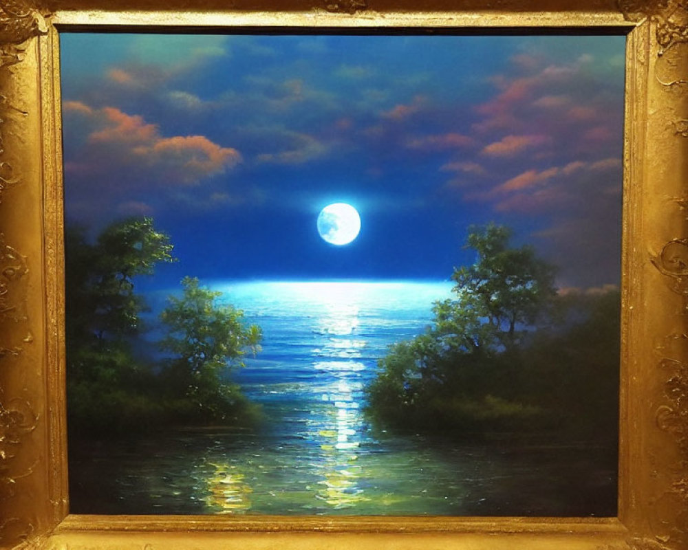 Full Moon Painting: Ocean Reflection with Trees Silhouette