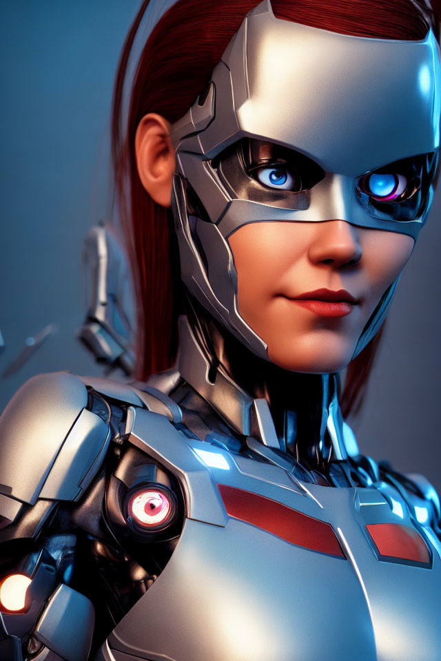 Red-haired woman in futuristic cyborg armor with glowing elements