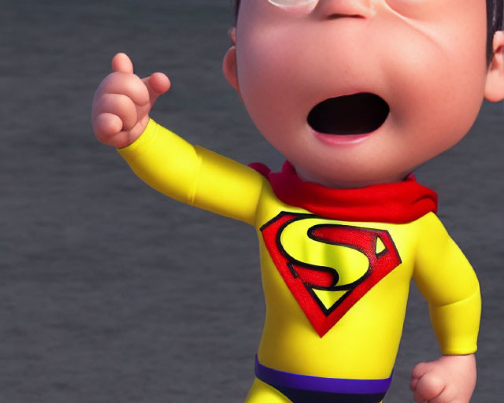 Young animated superhero character pointing upwards in computer-generated image