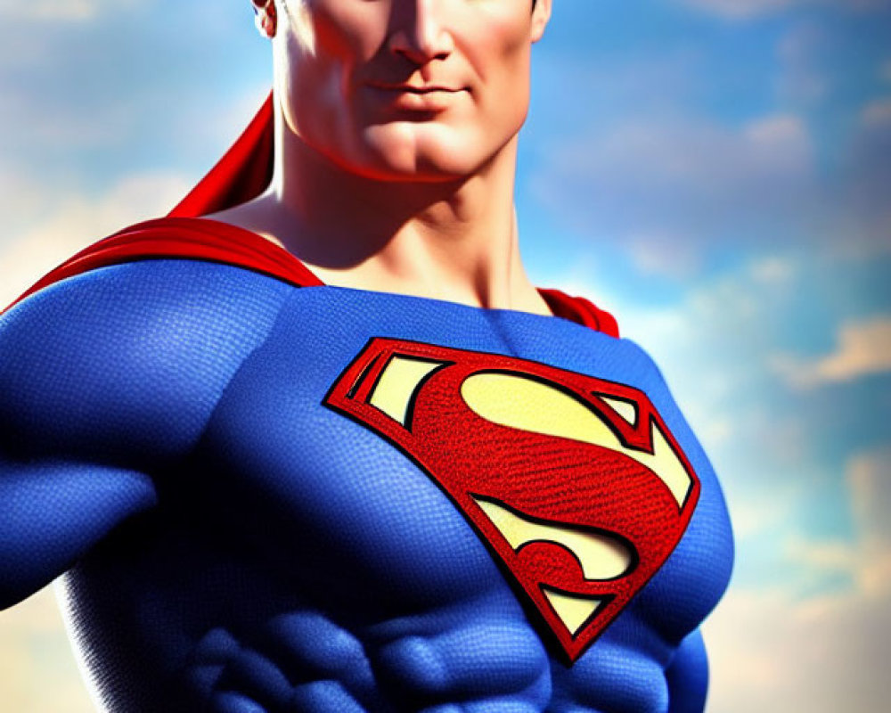 Muscular superhero in blue suit with red cape and 'S' emblem, against sky backdrop