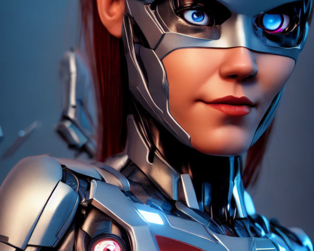 Red-haired woman in futuristic cyborg armor with glowing elements