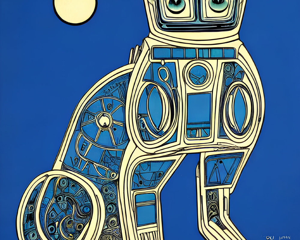 Mechanical robot with visible gears on blue background and yellow circle