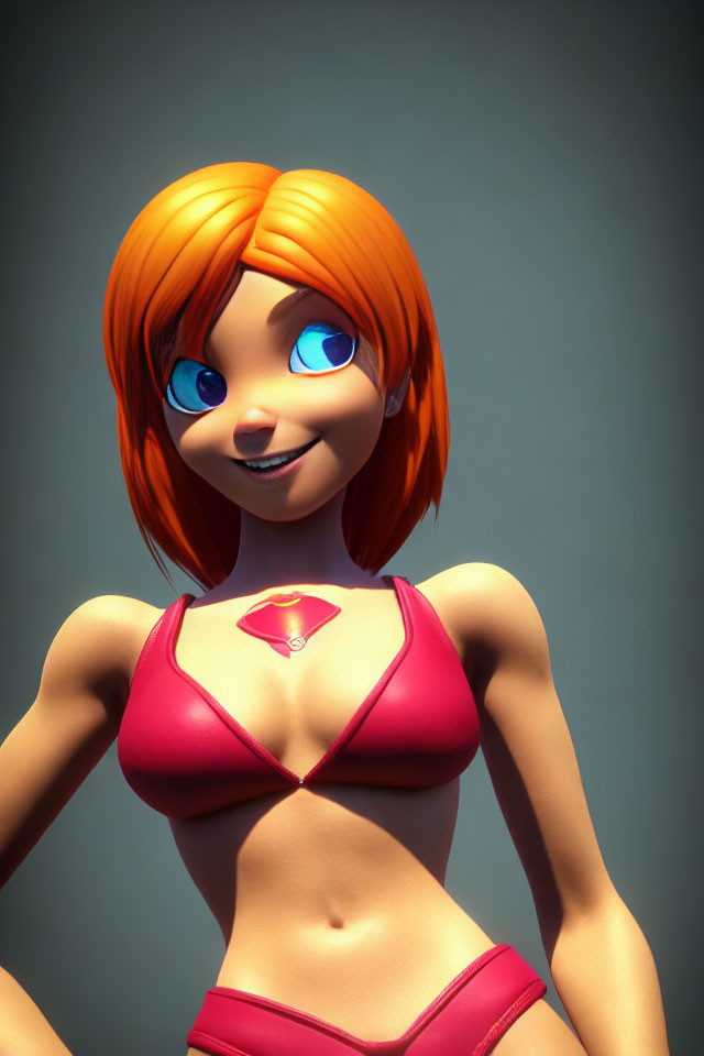 Smiling female cartoon character with orange hair and blue eyes in red bikini