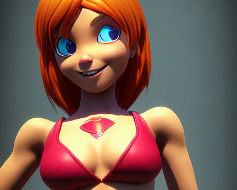 Smiling female cartoon character with orange hair and blue eyes in red bikini