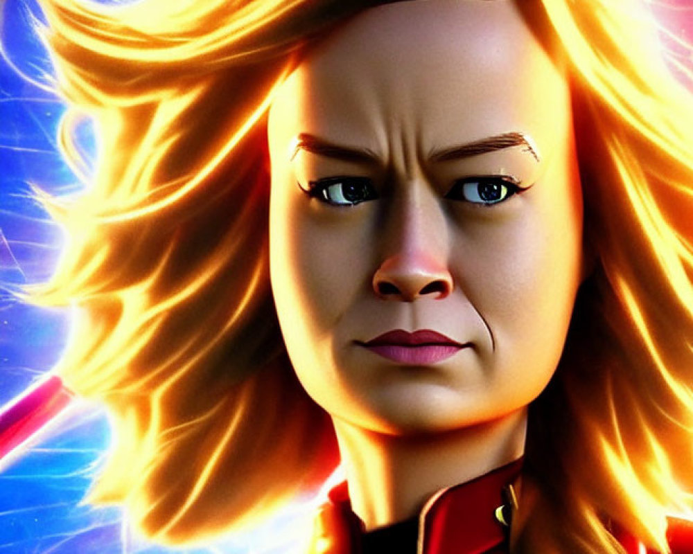 Stylized Captain Marvel illustration with glowing hair in cosmic setting