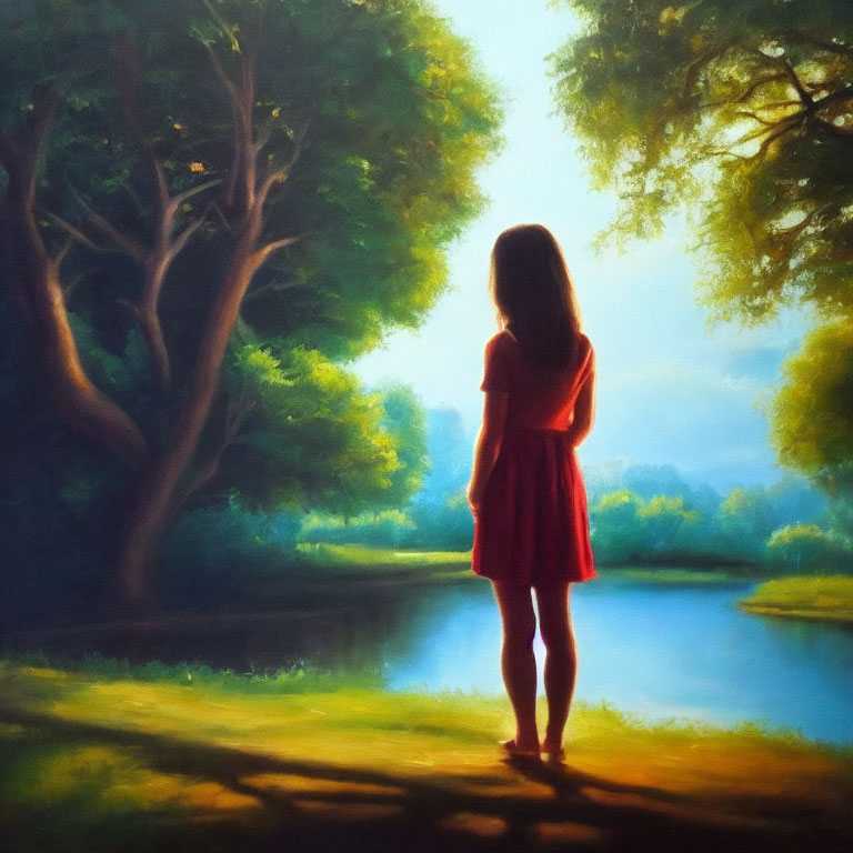 Person in Red Dress Contemplating Tranquil Lakeside Scene