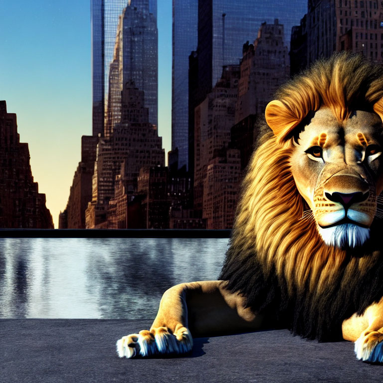Animated lion relaxing on waterfront promenade with modern city skyline