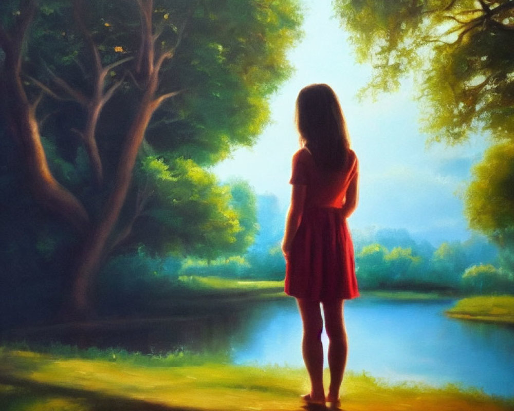 Person in Red Dress Contemplating Tranquil Lakeside Scene