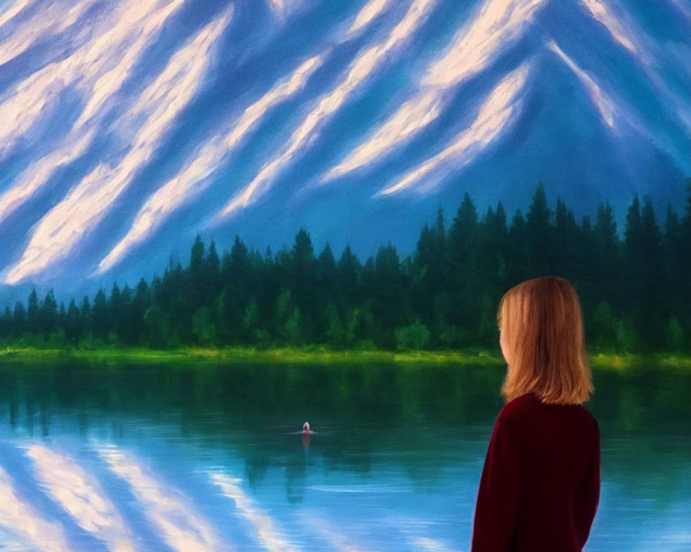 Short-haired person admires snow-capped mountains and lake reflection