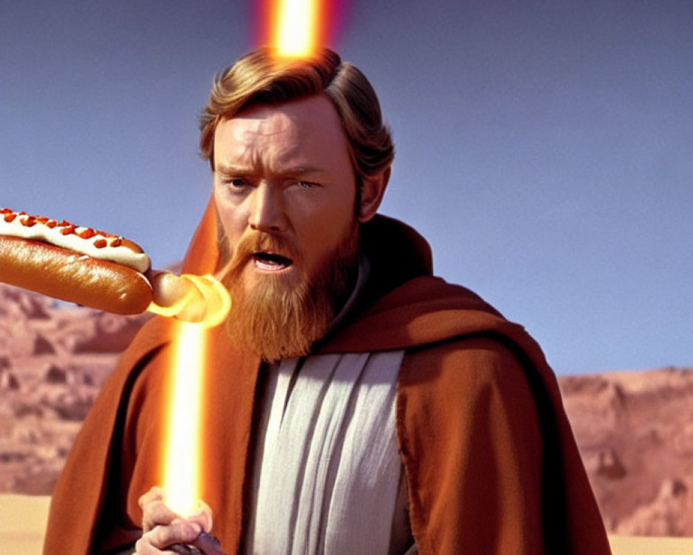 Man in desert with beard and robes wields hot dog lightsaber