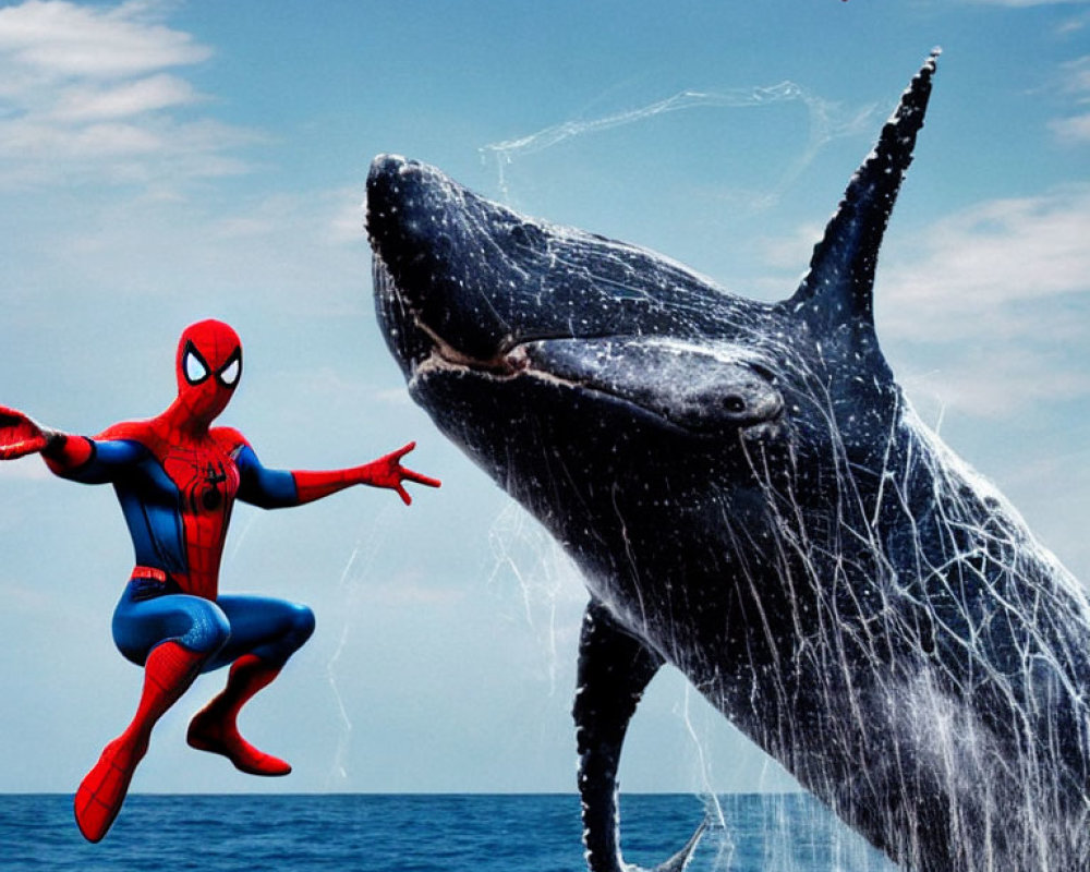 Two Spider-Men and a humpback whale in webbing above the ocean